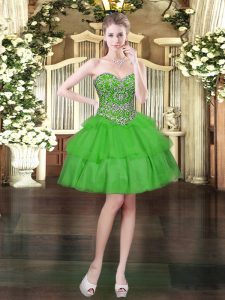 Green Ball Gowns Organza Sweetheart Sleeveless Beading and Ruffled Layers Mini Length Lace Up Dress for Prom
