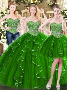 Sophisticated Green Ball Gowns Beading and Ruffles Quinceanera Dress Lace Up Organza Sleeveless Floor Length