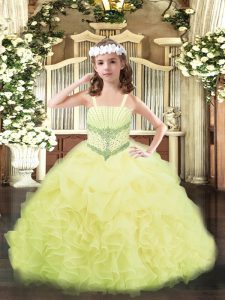 Graceful Floor Length Yellow Pageant Gowns For Girls Straps Sleeveless Lace Up