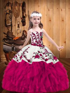 New Arrival Fuchsia Organza Lace Up Little Girl Pageant Dress Sleeveless Floor Length Embroidery