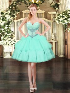 High Quality Sleeveless Organza Mini Length Lace Up Prom Party Dress in Apple Green with Beading and Ruffled Layers