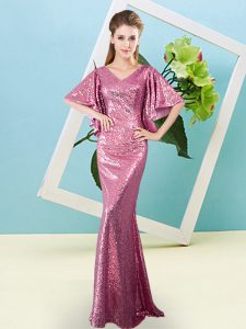 On Sale V-neck Half Sleeves Homecoming Dress Floor Length Sequins Pink Sequined