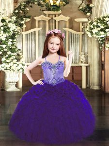 Best Purple Ball Gowns Spaghetti Straps Sleeveless Organza Floor Length Lace Up Beading and Ruffles Little Girls Pageant