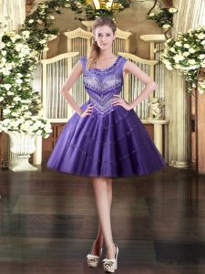Flare Purple Tulle Zipper Scoop Sleeveless Mini Length Prom Dress Beading