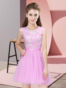Traditional Rose Pink Tulle Side Zipper Scoop Sleeveless Mini Length Bridesmaid Dress Lace