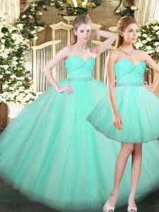 Custom Made Aqua Blue Sleeveless Floor Length Ruching Lace Up Sweet 16 Dresses