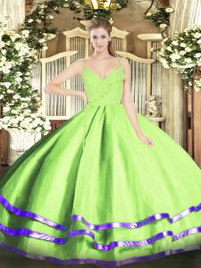 Sleeveless Organza Floor Length Zipper Sweet 16 Dress in Yellow Green with Ruffled Layers