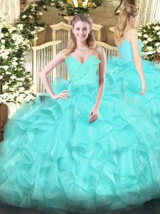 Smart Aqua Blue Ball Gowns Organza Spaghetti Straps Sleeveless Ruffles Floor Length Zipper Sweet 16 Dress