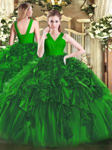 Sophisticated Dark Green Organza Zipper Quinceanera Gowns Sleeveless Floor Length Ruffles