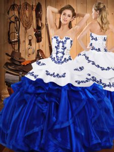 Top Selling Royal Blue Strapless Neckline Embroidery and Ruffles Vestidos de Quinceanera Sleeveless Lace Up