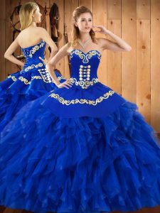 Dramatic Satin and Organza Sleeveless Floor Length 15 Quinceanera Dress and Embroidery and Ruffles