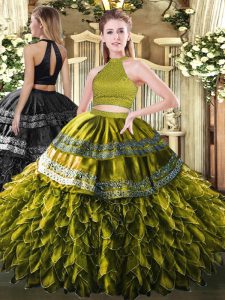 Dramatic Olive Green Sleeveless Satin and Organza Backless Sweet 16 Dresses for Military Ball and Sweet 16 and Quinceane