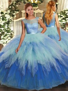 Multi-color Ball Gowns Organza Scoop Sleeveless Beading and Ruffles Floor Length Backless Quinceanera Gown