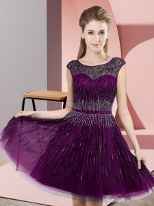 Dark Purple Backless Womens Party Dresses Beading Sleeveless Knee Length