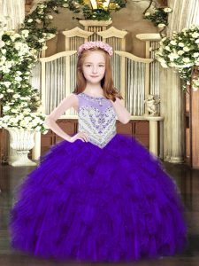 Organza Scoop Sleeveless Zipper Beading and Ruffles Little Girls Pageant Dress in Purple