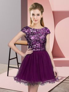Superior Mini Length Purple Court Dresses for Sweet 16 Scoop Cap Sleeves Zipper