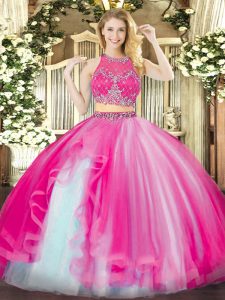 Spectacular Scoop Sleeveless Quinceanera Dresses Floor Length Beading and Ruffles Hot Pink Organza