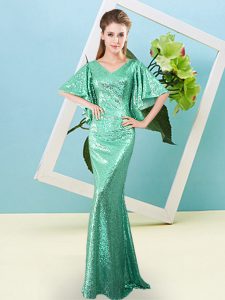 Turquoise V-neck Neckline Sequins Homecoming Dress Half Sleeves Zipper