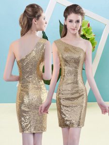 Exquisite Gold Column/Sheath Sequined One Shoulder Sleeveless Sequins Mini Length Zipper Evening Dress