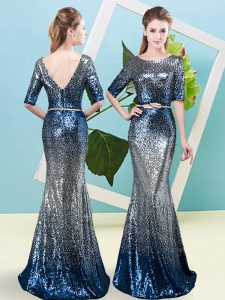 Sequined Scoop Half Sleeves Zipper Sequins and Belt Prom Dresses in Multi-color