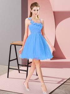 Exceptional Empire Dress for Prom Baby Blue Asymmetric Organza Sleeveless Mini Length Zipper