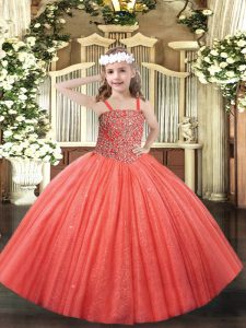 Coral Red Lace Up Little Girl Pageant Gowns Beading Sleeveless Floor Length