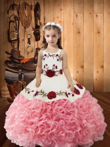 Pink Sleeveless Fabric With Rolling Flowers Lace Up Little Girl Pageant Dress for Sweet 16 and Quinceanera