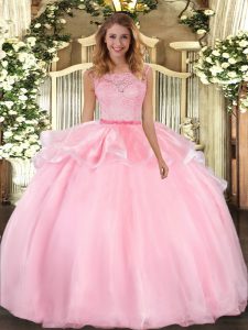 Best Floor Length Pink Sweet 16 Quinceanera Dress Scoop Sleeveless Clasp Handle