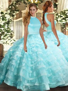 Amazing Aqua Blue Ball Gowns Beading and Ruffled Layers Sweet 16 Quinceanera Dress Backless Organza Sleeveless Floor Len
