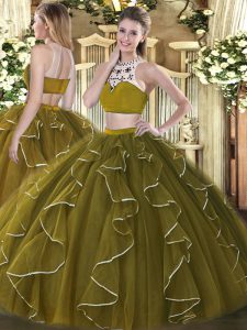 Glorious Olive Green Organza Backless High-neck Sleeveless Floor Length Sweet 16 Dress Beading and Ruffles