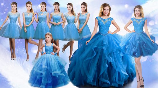 Customized Beading and Ruffles Quinceanera Gown Baby Blue Lace Up Sleeveless Floor Length