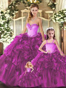 Fuchsia Sleeveless Floor Length Ruffles Lace Up Quinceanera Dresses