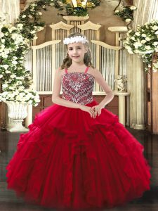 Wine Red Lace Up Straps Beading and Ruffles Little Girl Pageant Dress Organza Sleeveless