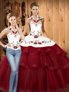 Sleeveless Satin and Organza With Train Sweep Train Lace Up Quinceanera Gown in Wine Red with Embroidery and Ruffled Lay
