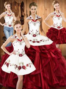 Cute Wine Red Halter Top Neckline Embroidery and Ruffles Quinceanera Dresses Sleeveless Lace Up