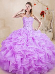 Fine Lilac Ball Gowns Sweetheart Sleeveless Organza Floor Length Lace Up Beading and Ruffles Sweet 16 Quinceanera Dress