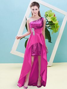 Fine High Low Lace Up Prom Gown Fuchsia for Prom and Party with Beading and Sequins