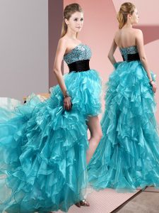 Sleeveless High Low Beading and Ruffles Lace Up Dress for Prom with Aqua Blue