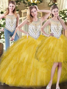 Modest Scoop Sleeveless Quinceanera Gown Floor Length Beading and Ruffles Yellow Organza