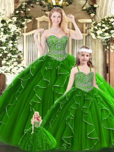 Simple Tulle Sweetheart Sleeveless Lace Up Beading and Ruffles Vestidos de Quinceanera in Green