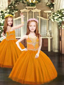 Spaghetti Straps Sleeveless Lace Up Girls Pageant Dresses Rust Red Tulle