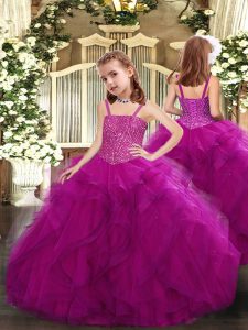 Sleeveless Tulle Floor Length Lace Up Pageant Gowns For Girls in Fuchsia with Beading and Ruffles