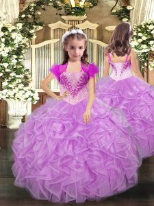 Fashionable Lilac Ball Gowns Organza Straps Sleeveless Beading and Ruffles Floor Length Lace Up Girls Pageant Dresses