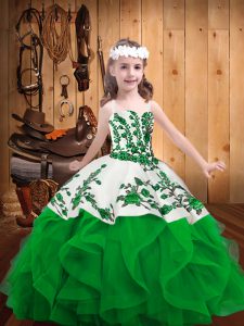 Best Straps Sleeveless Pageant Gowns For Girls Floor Length Embroidery and Ruffles Green Organza