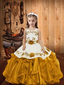 High Quality Gold Zipper Straps Embroidery and Ruffles Winning Pageant Gowns Organza Sleeveless
