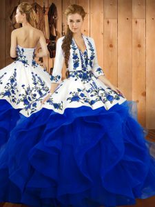 Blue Satin and Organza Lace Up Sweetheart Sleeveless Floor Length Vestidos de Quinceanera Embroidery and Ruffles