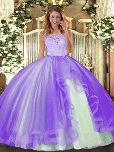 Admirable Scoop Sleeveless Quinceanera Dresses Floor Length Lace and Ruffles Lavender Tulle