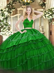 Simple Green Sleeveless Floor Length Embroidery Zipper Sweet 16 Dress