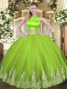 Popular Yellow Green Criss Cross High-neck Appliques Sweet 16 Dresses Tulle Sleeveless