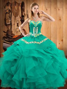 Enchanting Turquoise Sleeveless Floor Length Embroidery and Ruffles Lace Up Ball Gown Prom Dress